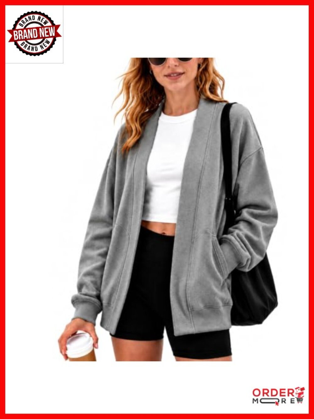 Oversized Cotton Blend Open Front Cardigan Lightweight Sweatshirt